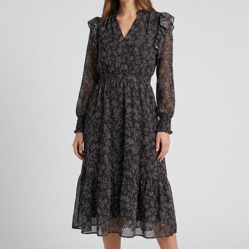 Whimsigoth Koko + Mason Midi Dress Womens XS Black Floral Ruffle Cottagecore